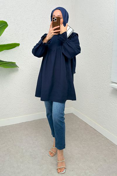 Salih Çelebi Shoulder Ruffle Detailed Tunic 2232 - Dark Blue