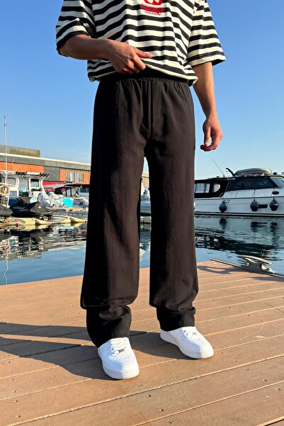 Flaw Wear بنطلون كتان مريح بخصر مطاطي باللون الأسود