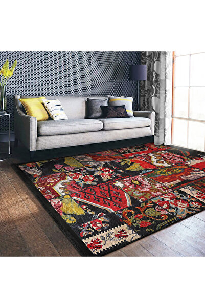 AD Home Siyah-Kırmızı Zemin Patchwork Kanaviçe Desenli Halı, Floral, Salon & ...