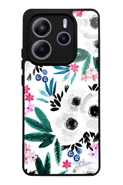 Spoyi حافظة هاتف لامعة لهاتف Xiaomi Redmi Note 14 5G بتصميم زهرة بيضاء