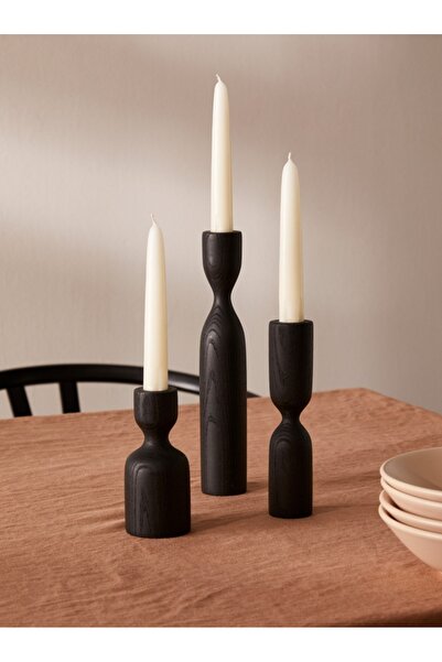 mebaconcept Siyah Ahşap Şamdan Seti - 3'lü Dekoratif Mumluk (11 cm, 14 cm, 18 cm) Minimalist ve Modern Tasarım