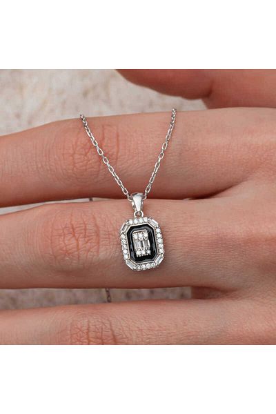 Skygo Silver Black Enameled Baguette Women's Necklace