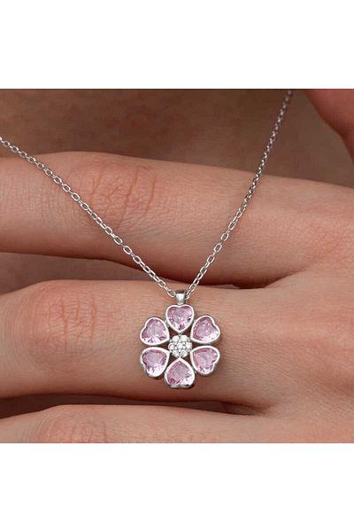 Skygo Silver Pink Heart Flower Women Necklace