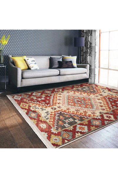 AD Home Kırmızı Zemin Etnik Kilim Motifli Avangarde Halı, Salon & Yatak Odası...
