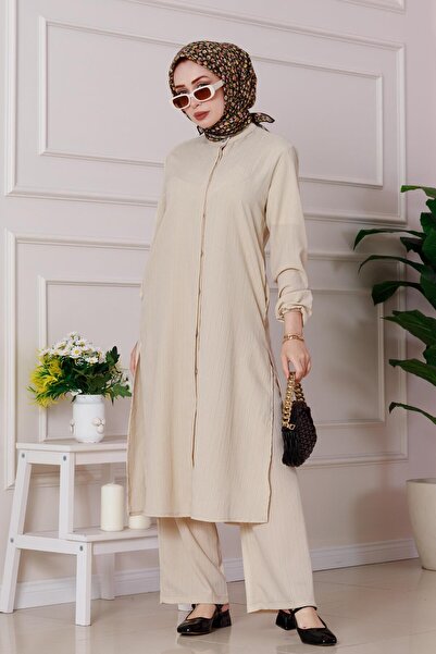 Sevitli تونيك تايلاندي بفتحة - طقم بنطلون بيج