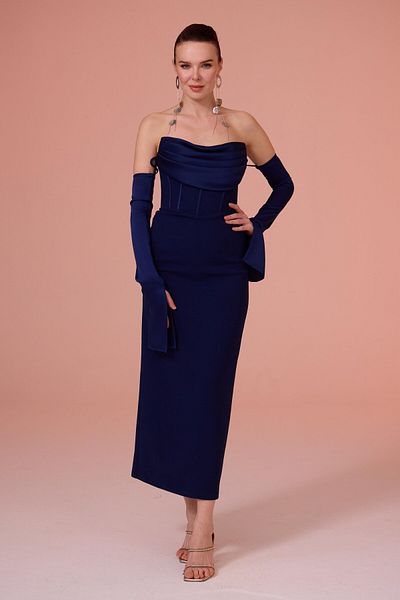 Carmen Navy Blue Crepe Evening Dress with Gloves