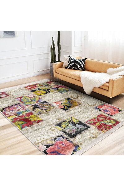 Geleneksel Patchwork Motifli Etnik Halı, Vintage Desen, Salon & Koridor, Kaymaz Taban