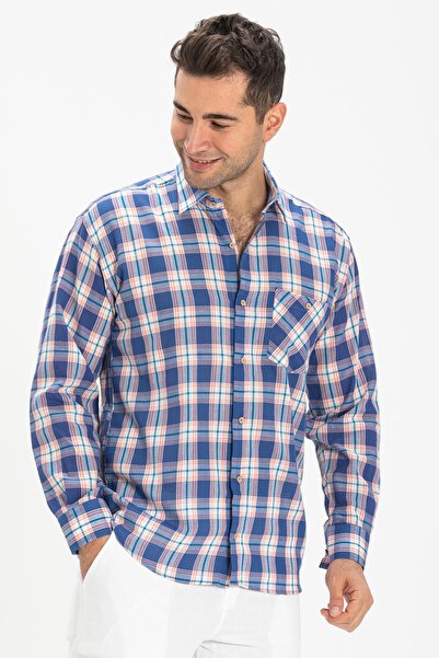 Eliş Şile Bezi Довгорукавна сорочка з шилевого полотна з однією кишенею для чоловіків, літня, Saks, картата, 3060