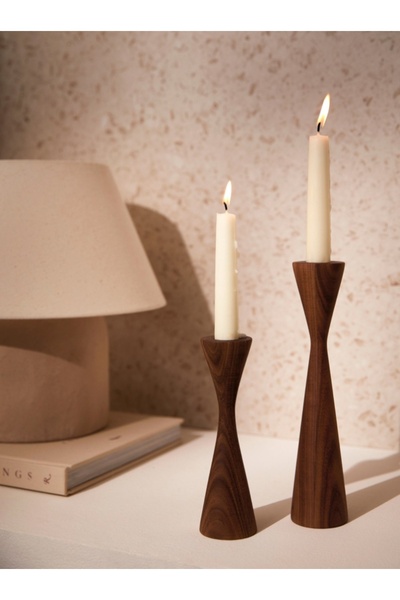 mebaconcept Ceviz Ahşap Şamdan Seti - 2'li Dekoratif Mumluk (15 cm, 20 cm) Şı...
