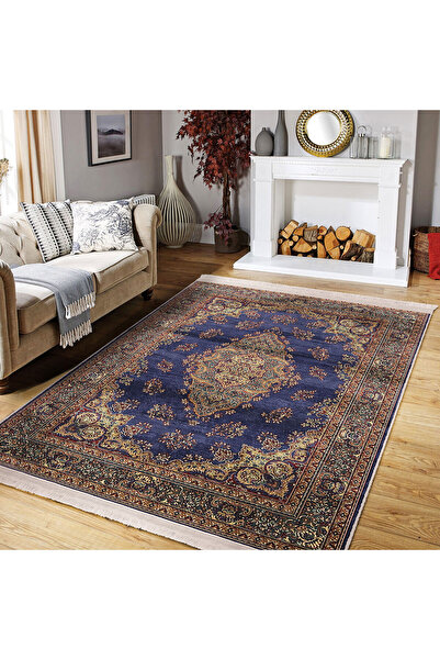 AD Home Lacivert Zeminde Uşak Motifli Yöresel Desenli Avangarde Vintage Halı
