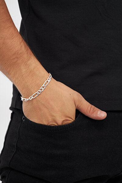 Ventino Silver 7mm Figaro 925 Ayar Gümüş Erkek Zincir Bileklik Veb-5201