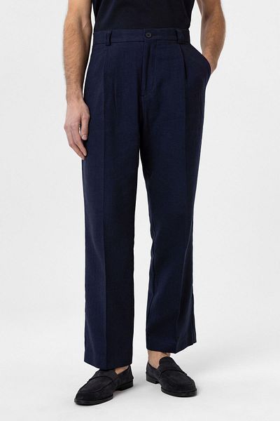 Antioch Navy Blue High Waist Linen Blended Men's Trousers