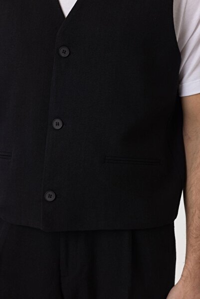 Antioch Black Relax Fit Linen Blended Men's Vest