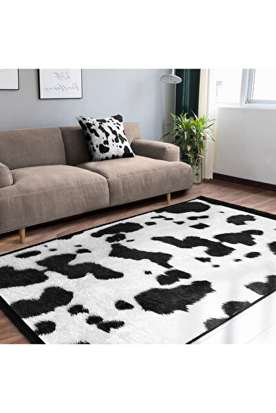 AD Home Siyah-Beyaz Zemin Dalmaçyalı Motifli Kürk Desenli Halı, Sade & Şık, S...