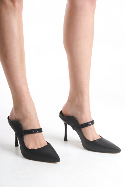 Limeo Thin High Heeled Women's Evening Dress Shoes with Stone Stripe in the Middle and Without Buckle