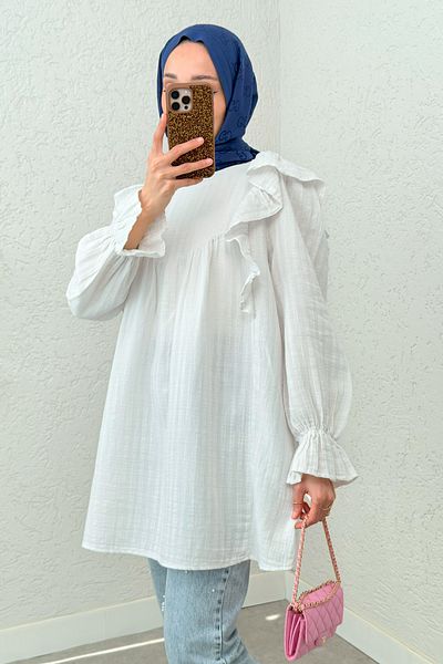 Salih Çelebi Shoulder Ruffle Detailed Tunic 2232 - White