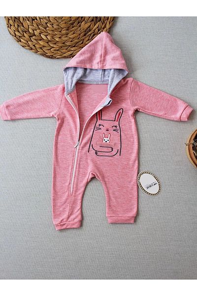 Mu Art Ahşap 6-9 9-12 Months Ef Line Size Zippered Rabbit Embroidered Hooded Baby Romper for Girls Boys Pink