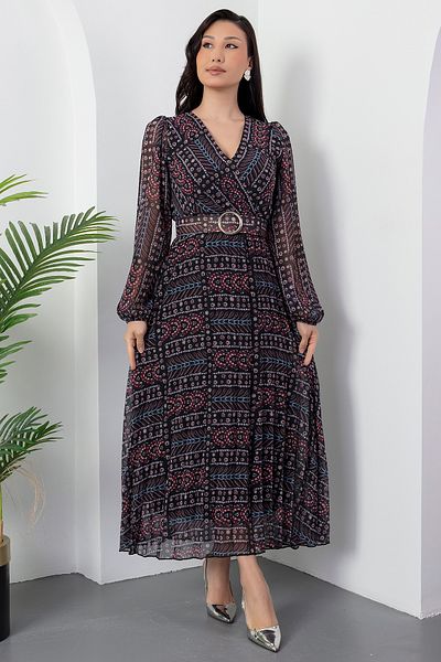 PULLIMM Rochie din șifon cu mânecă lungă cu guler dublu 2024-3029