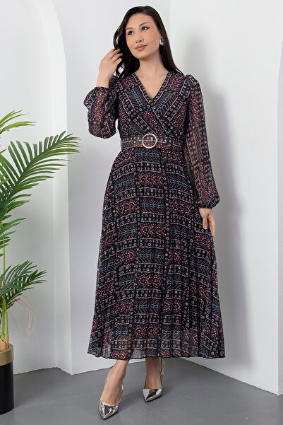 PULLIMM Kruvaze Yaka Uzun Kol Şifon Elbise 2024-3029