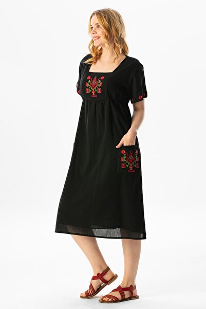 Eliş Şile Bezi Kısa Kol Şile Bezi Melek Midi Boy Yazlık Otantik Elbise Siyah Syh