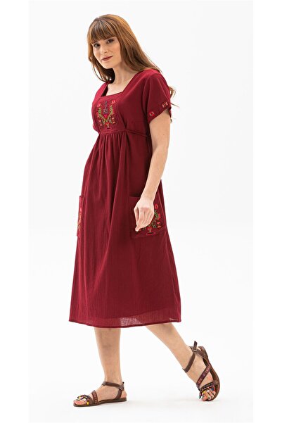 Eliş Şile Bezi Kısa Kol Şile Bezi Melek Midi Boy Yazlık Otantik Elbise Bordo Brd