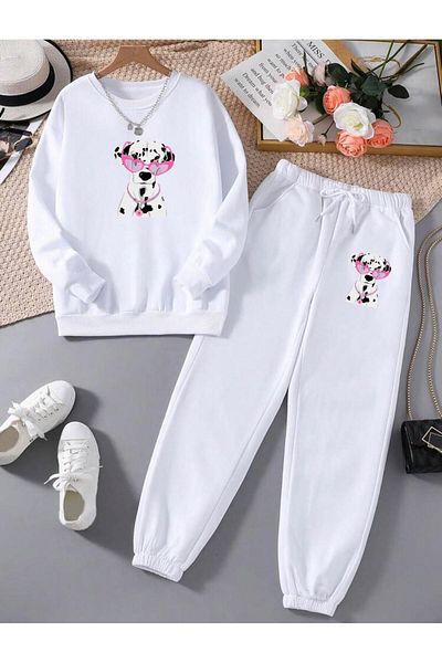 RPT MODA Relaxed Cut Dog Print Detail Oversized Cycling Collar Double Team Tracksuit Bottom and Top
