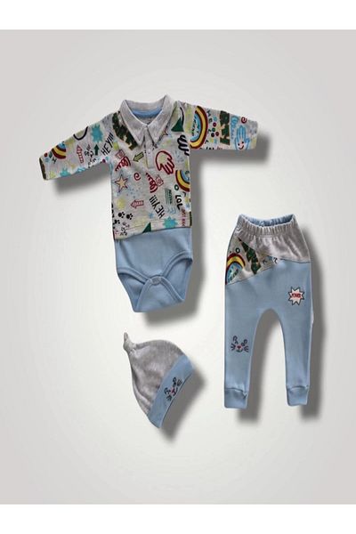 Mu Art Ahşap 6-9 12-18 18-24 Months Power Cat Embroidered Long Sleeve Bodysuit with Hat 3-Piece Baby Girl and Boy Set Blue