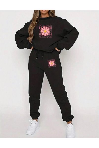 RPT MODA Relaxed Cut Flower Print Detail Oversized Cycling Collar Double Set Tracksuit Bottom and Top