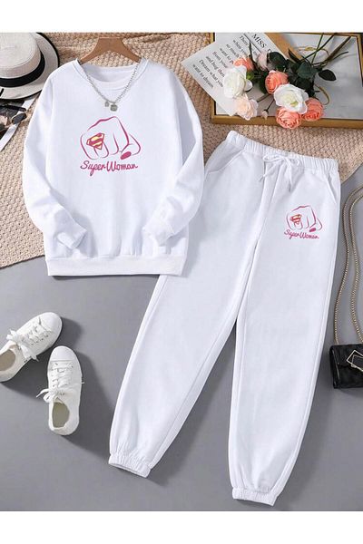 RPT MODA Relaxed Cut Super Woman Print Detail Oversized Cycling Collar Double Team Tracksuit Bottom and Top
