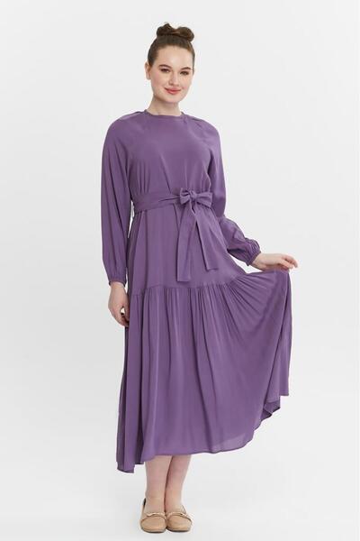 Jamila Kuşaklı Fırfırlı Düz Kadın Tesettür Elbise