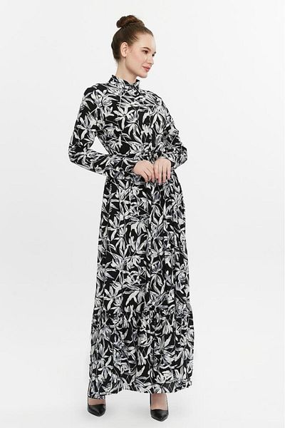 Jamila Buttoned Gathered Patterned Women's Hijab Dress