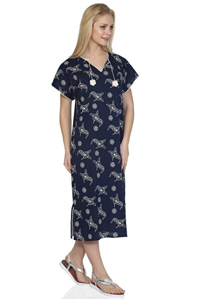 Eliş Şile Bezi Короткий рукав, шильська тканина з принтом, середньої довжини літнє плаття з розсипом візерунків, темно-синій Lcvt