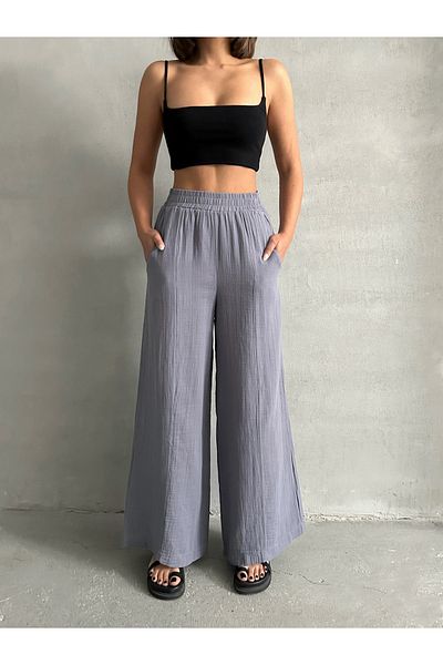 BEJNA Women's Gray Muslin Loose Cut Trousers