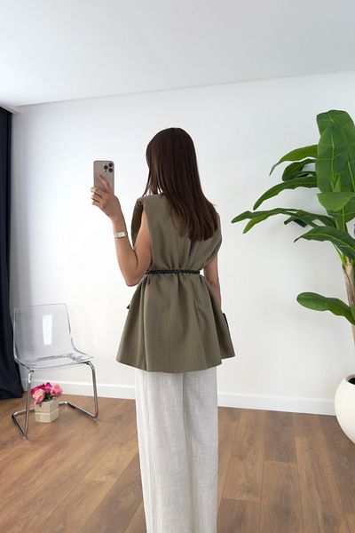 BİRCANÇİL Kejana Khaki Linen Look Belted Vest