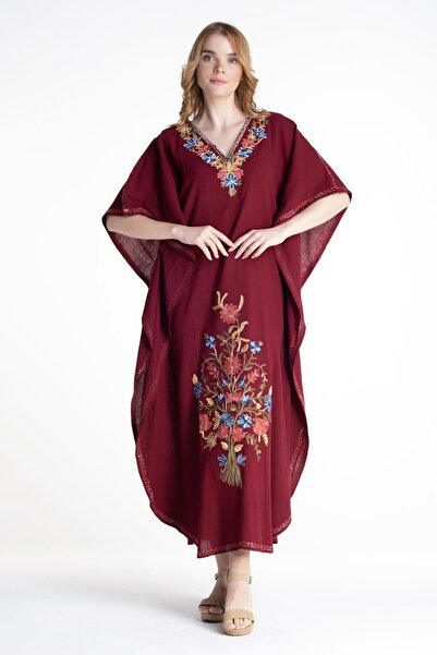 Eliş Şile Bezi Короткий рукав Шіле Тібет Довге літнє автентичне плаття бордо Brd