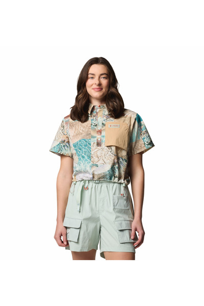 Columbia Cove Beach Printed Woven Cropped Kadın Kısa Kollu Gömlek
