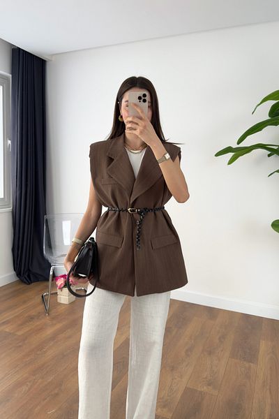BİRCANÇİL Kejana Brown Linen Look Belted Vest