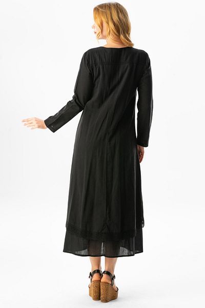 Eliş Şile Bezi Rochie Hijab lungă cu mânecă lungă din pânză Sile Negru Syh