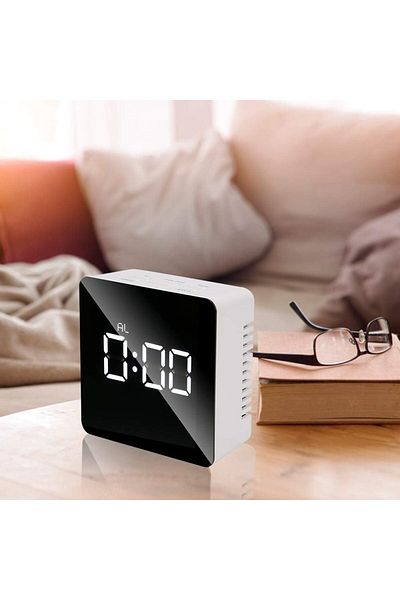 COOYA LED Square Mirror Desktop Alarm Clock,Five Function Buttons,12H/24H,With Time Temperature,White
