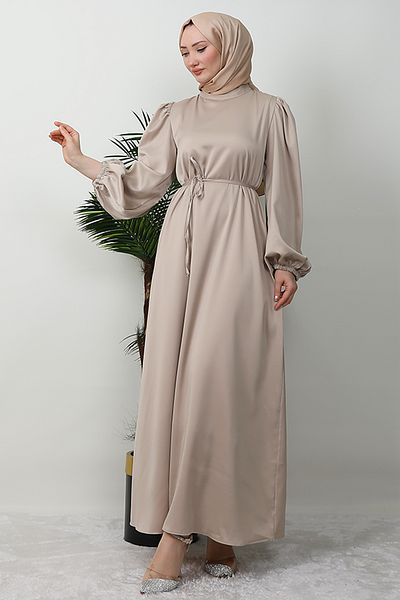 GİZ AGİYİM Cream Satin Dress - Thin Belted