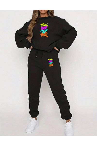 RPT MODA Relaxed Cut Thi̇nk Print Detail Oversized Cycling Collar Double Team Tracksuit Bottom and Top