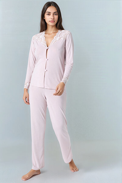 Soweto Kadın Pudra Penye Pijama Şortlu Takım Dantelli Sabahlık Gecelik Kutulu...