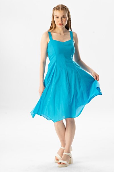 Eliş Şile Bezi Sleeveless Voile Emel Short Summer Dress Turquoise Trkz