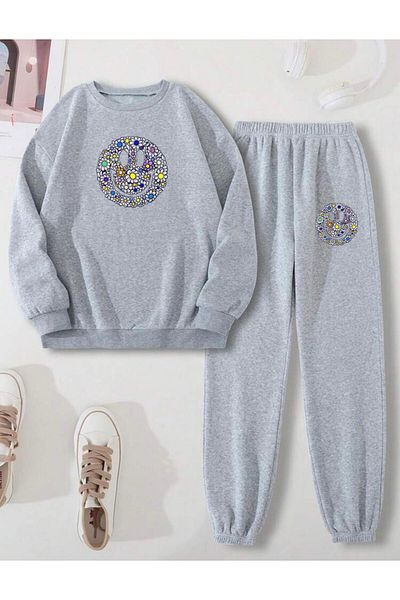 RPT MODA Relaxed Cut Flower Emojis Print Detail Oversized Cycling Collar Double Team Tracksuit Bottom and Top