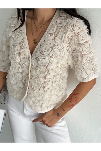 Fanori Woman 3D Ecru Rose Cardigan