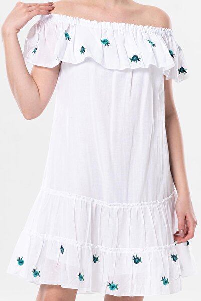 Eliş Şile Bezi Κοντό μανίκι Voile Lavinya Κέντημα Λεπτομερές κοντό καλοκαιρινό αυθεντικό φόρεμα Λευκό Byz