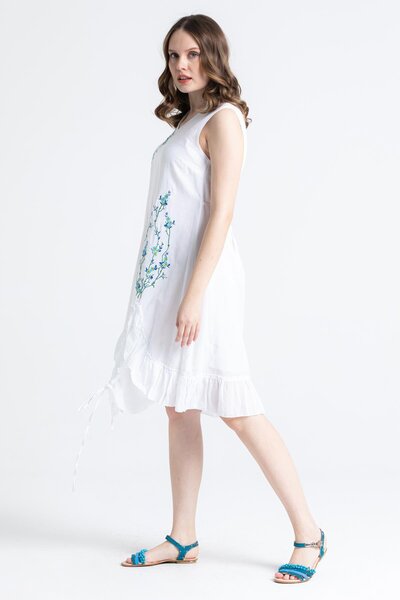 Eliş Şile Bezi Rochie de vară fără mâneci din voile cu fantă midi, albă