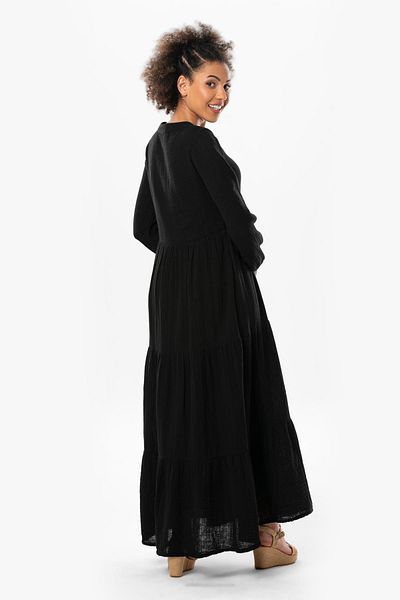 Eliş Şile Bezi Rochie de muselină de vară Akay cu mâneci lungi, cu nasturi lungi, negru negru