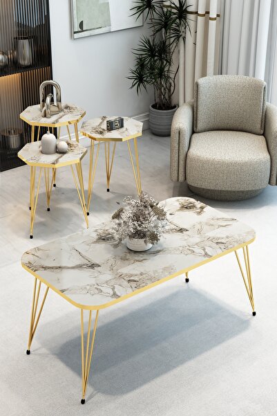 BARIN DESIGN 3'Lü Sekizgen Zigon Sehpa ve Dikdörtgen Orta Sehpa Takımı Modern Gold Metal Ayaklı  Salon Sehpa Seti