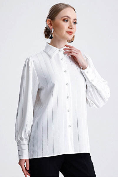 MD trend Women's Striped Foil Patterned Balloon Sleeve Oversize Satin Shirt with Drawstring Detail